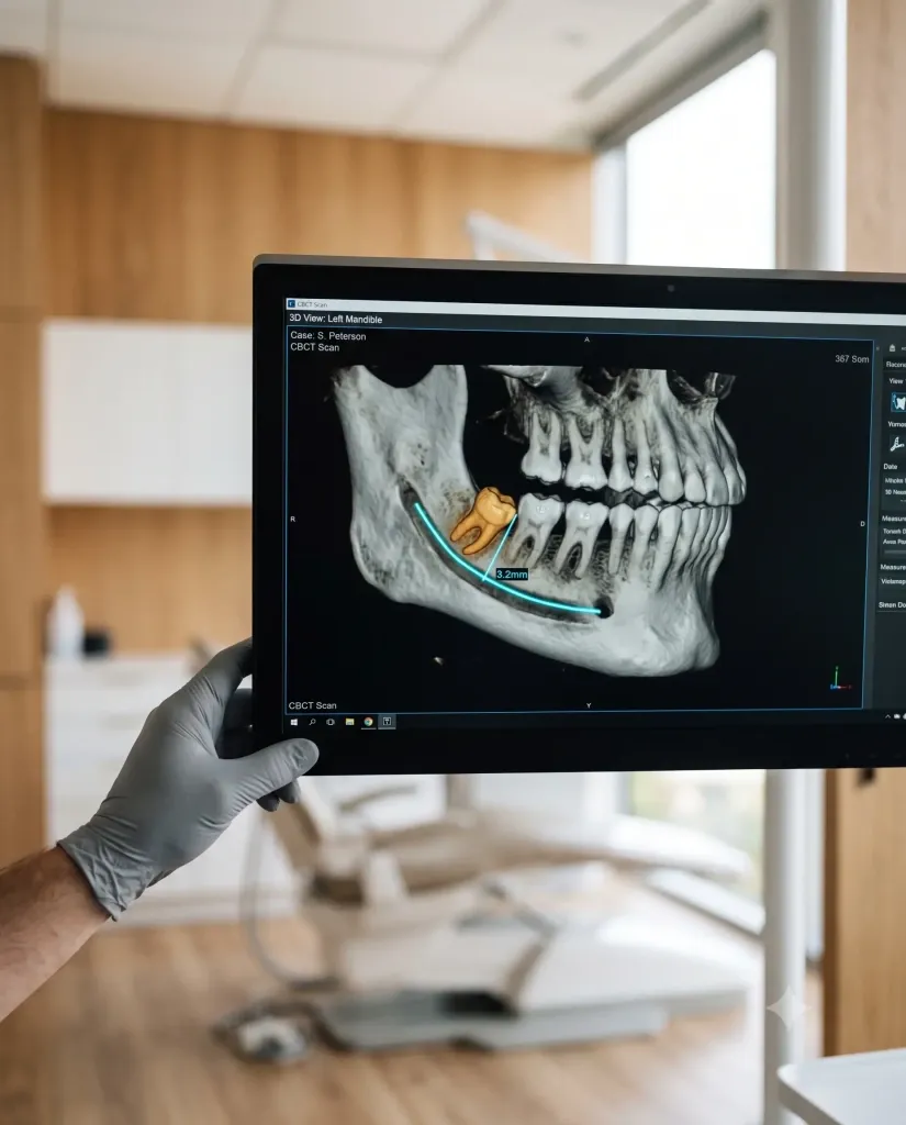 Dentist reviewing 3D CBCT scan for guided implant surgery planning